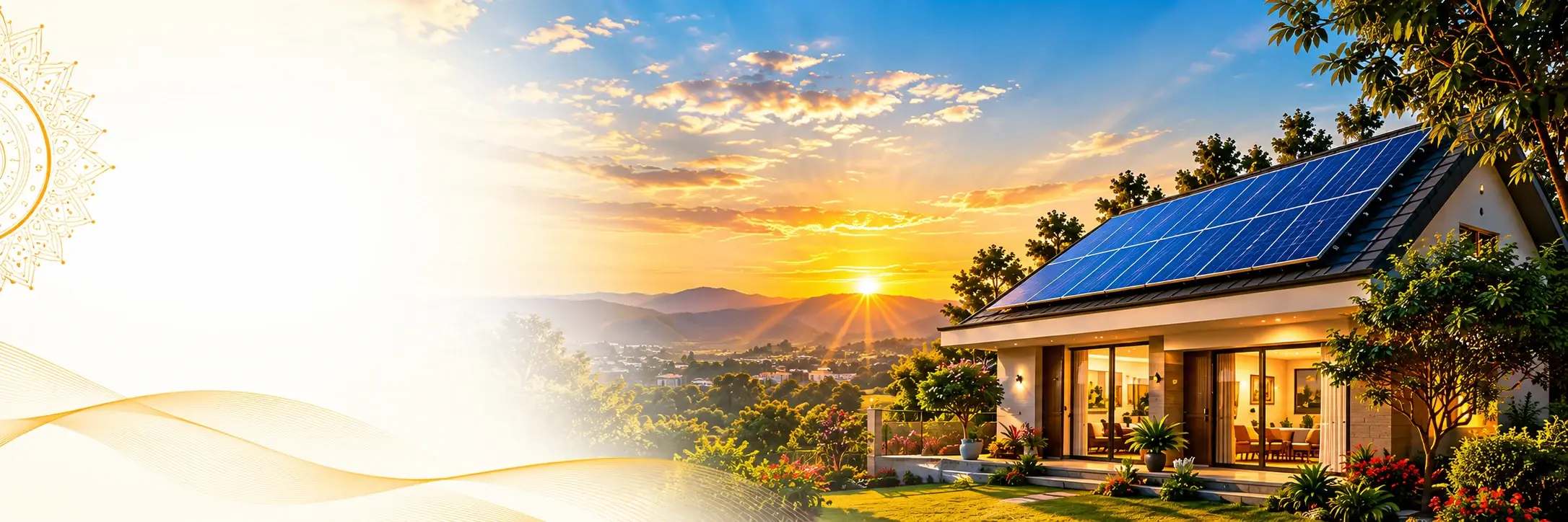 Modern home with rooftop solar panels at sunset